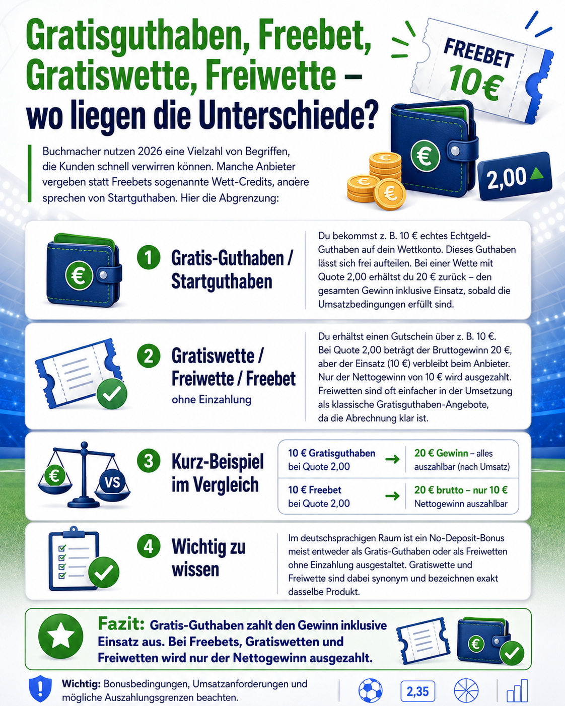 Gratisguthaben, Freebet, Gratiswette, Freiwette - wo liegen die Unterschiede?